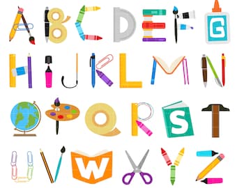 School Supplies Alphabet Clip Art for Scrapbooking Card Making Cupcake Toppers Paper Crafts