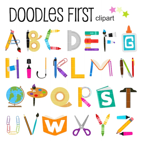 School Supplies Alphabet Clip Art for Scrapbooking Card Making Cupcake Toppers Paper Crafts