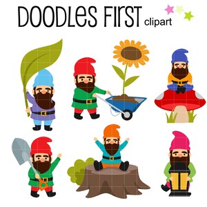 以下が含まれることがあります： 車輪付き手押し車、キノコ、ランタン、シャベル、木の切り株など、さまざまなアクセサリーをつけた、カラフルな漫画のノーム7体のセット。ノームはみんな帽子をかぶり、あごひげを生やしています。画像の上部には「DOODLES FIRST clipart」というテキストがあります。