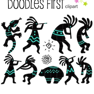 May include: A set of black and turquoise Native American-inspired clipart images, including a lizard, dancers, a bear, and sun symbols. The text "DOODLES FIRST clipart" is at the top of the image.