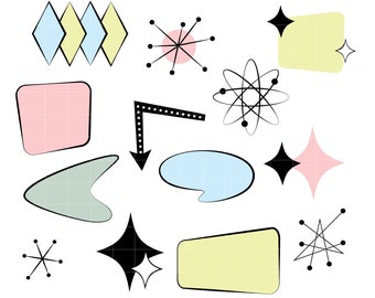50s Retro Elements Digital Clip Art for Scrapbooking Card Making Cupcake Toppers Paper Crafts