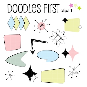 ClipArt digitali con elementi retrò anni '50 per la creazione di biglietti di scrapbooking, toppers cupcake, artigianato in carta