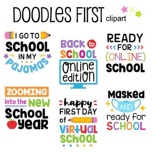 Puede incluir: Un conjunto de imágenes digitales de clipart coloridas con texto sobre el regreso a la escuela. El texto incluye frases como "Voy a la escuela en pijama", "De vuelta a la escuela edición online", "Listo para la escuela (en línea)", "Acercándose al nuevo año escolar", "Feliz primer día de escuela virtual" y "Enmascarado y listo para la escuela".