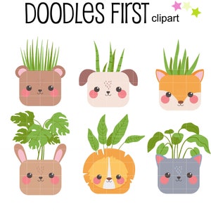 May include: Set of six cute animal planter illustrations with different types of plants. The animals are a bear, a dog, a fox, a rabbit, a lion, and a cat. Each animal has a different colored pot and a cute face. The plants are all green and leafy.