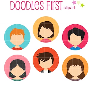 May include: Six colorful circle icons with illustrations of people's faces. Each icon has a different background color and features a person with a different hairstyle and clothing style. The text "DOODLES FIRST clipart" is at the top of the image.