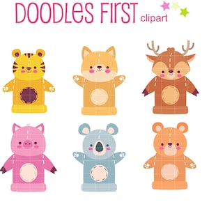 May include: Set of six colorful finger puppets featuring animal characters: a tiger, fox, deer, pig, koala, and bear. Each puppet has a simple, cartoon-like design with a smiling face and stitched details. The puppets are perfect for imaginative play and storytelling.
