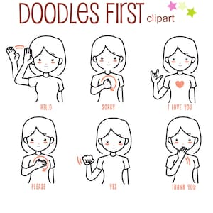 May include: A black and white illustration of a person signing different words in American Sign Language. The words are "hello", "sorry", "I love you", "please", "yes", and "thank you".