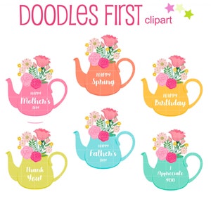 Colorful Flower Teapot Clip Art for Scrapbooking Card Making Cupcake Toppers Paper Crafts
