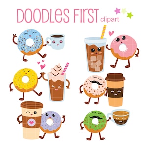 Cute Donuts and Coffee Characters Digital Clip Art for Scrapbooking Card Making Cupcake Toppers Paper Crafts