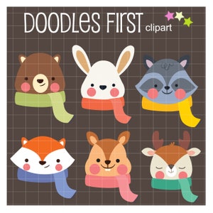 スカーフを巻いた動物のデジタル クリップ アート、スクラップブック、カード作り、カップケーキ トッパー、ペーパー クラフト