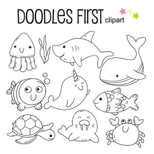 Sea Creatures Outline Drawing, Sea Animals, Outline Doodle Clip Art for ...