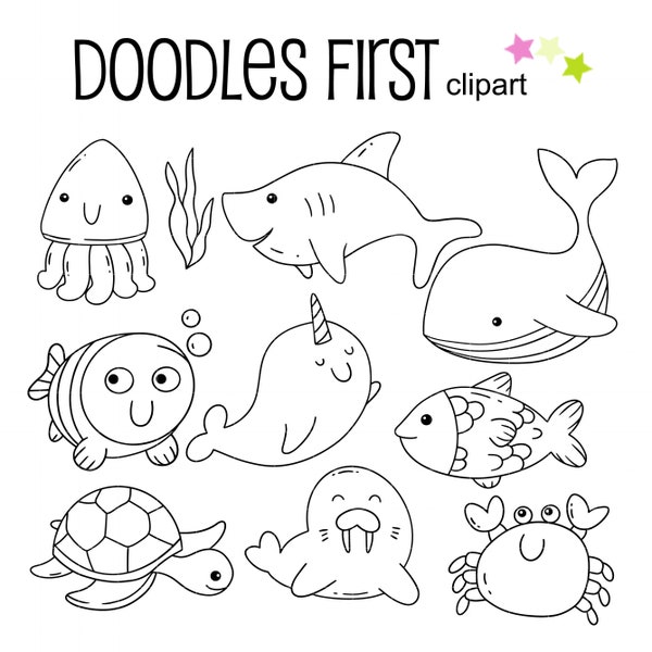 Sea Creatures Outline Drawing, Sea Animals, Outline Doodle Clip Art for Scrapbooking Card Making Cupcake Toppers Paper Crafts SVG Cuts