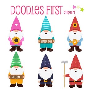 May include: Set of six cartoon gnomes with different colored hats and outfits. The gnomes are holding signs that say "Welcome", "Thank You", and a watering can.  The gnomes are wearing red, blue, green, pink, yellow, and navy blue hats.