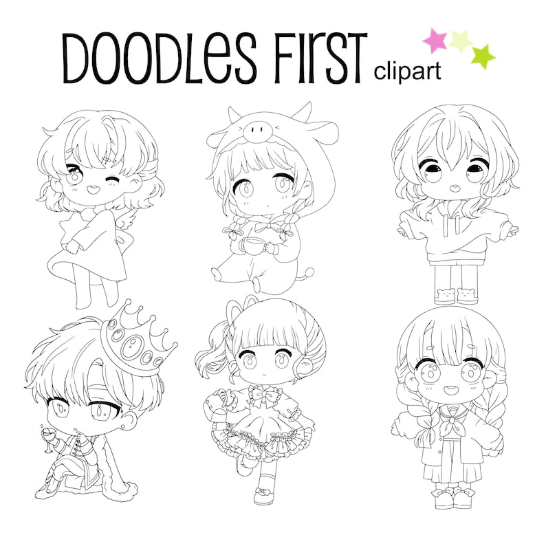 Chibi Anime Outline for Coloring Digital Clip Art for Etsy