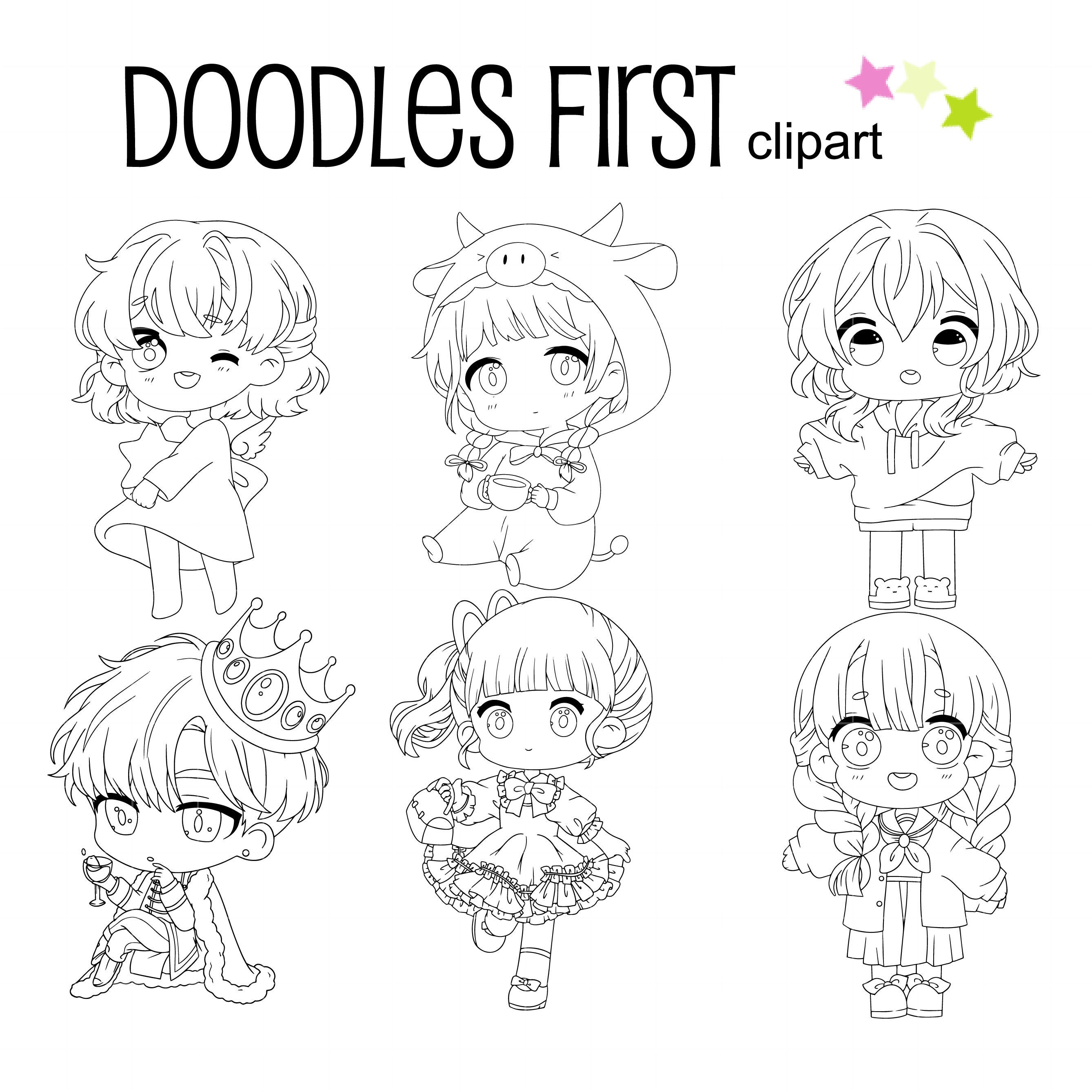 Chibi Anime Outline for Coloring Digital Clip Art for Scrapbooking Card  Making Cupcake Toppers Paper Crafts 