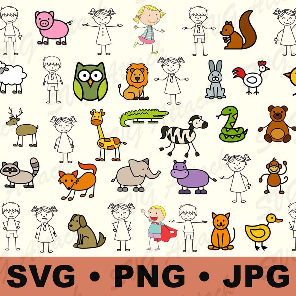 Stick Kids & Animals SVG Design Bundle | Stick Kids SVG for Cutting Machine and Cricut | Animals Transparent Background Design Elements