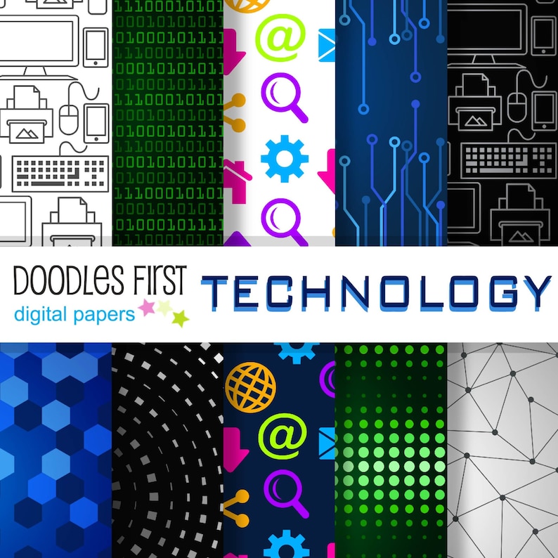 May include: A set of 10 digital paper patterns featuring technology-themed illustrations. The patterns include a binary code, a circuit board, a globe, a honeycomb, a circle of dots, a network of lines, and a collection of icons such as an email, a magnifying glass, a house, and a gear.
