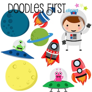 Aliens Raketen Raumschiffe und Astronauten digitale Clipart für Scrapbooking, Cricut Dateien, Sublimation, Aufkleber machen, Papier Handwerk, SVG, PNG