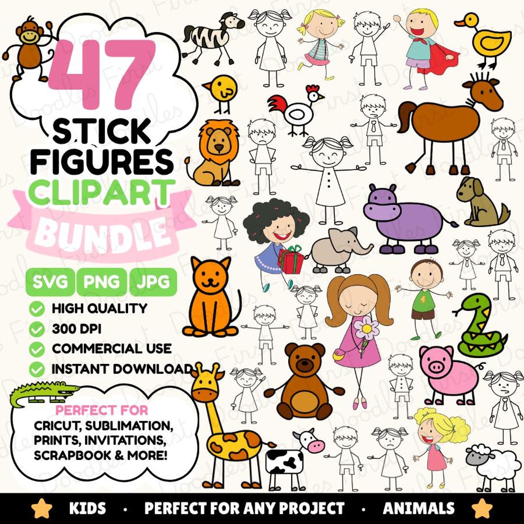 Stick Figure Kids Animals SVG Bundle | 47 Svg PNG JPG | Cute Family ...