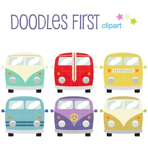 May include: Six colorful cartoon illustrations of vintage vans. The vans are all facing forward and have different colored bodies, including teal, red, yellow, blue, purple, and beige. The vans have white roofs and windows, and some have peace signs on the sides.