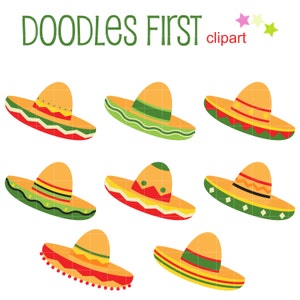 May include: Eight colourful sombrero hats with different designs and colours. The hats are all facing forward and are on a white background. The text "DOODLES FIRST clipart" is at the top of the image.