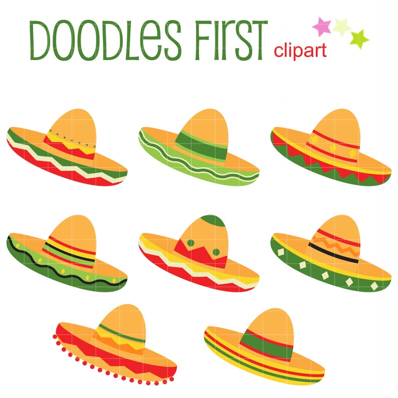 May include: Eight colourful sombrero hats with different designs and colours. The hats are all facing forward and are on a white background. The text "DOODLES FIRST clipart" is at the top of the image.
