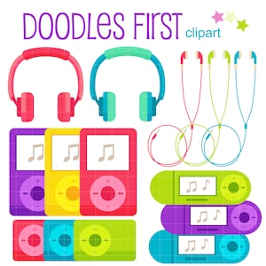 Puede incluir: Un conjunto de ilustraciones de clipart de reproductor de música digital de colores. El conjunto incluye tres reproductores de música de diferentes colores, tres pares de auriculares y tres juegos de auriculares. El texto "DOODLES FIRST clipart" está en la parte superior de la imagen.