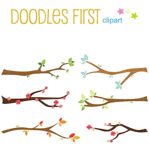 Puede incluir: Conjunto de seis imágenes de clipart digital de ramas de árboles marrones con hojas y flores de varios colores. Las ramas están en diferentes posiciones y tienen diferentes tipos de hojas y flores. El texto "DOODLES FIRST clipart" está en la parte superior de la imagen.