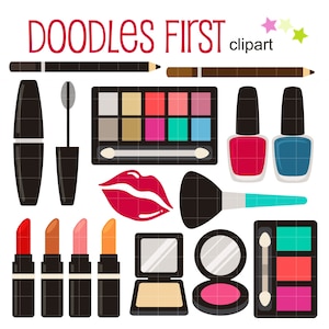 May include: A set of makeup items including eyeshadow palettes, lipstick, nail polish, mascara, and a makeup brush. The items are all in various colors, including pink, red, blue, and black. The text "DOODLES FIRST clipart" is at the top of the image.