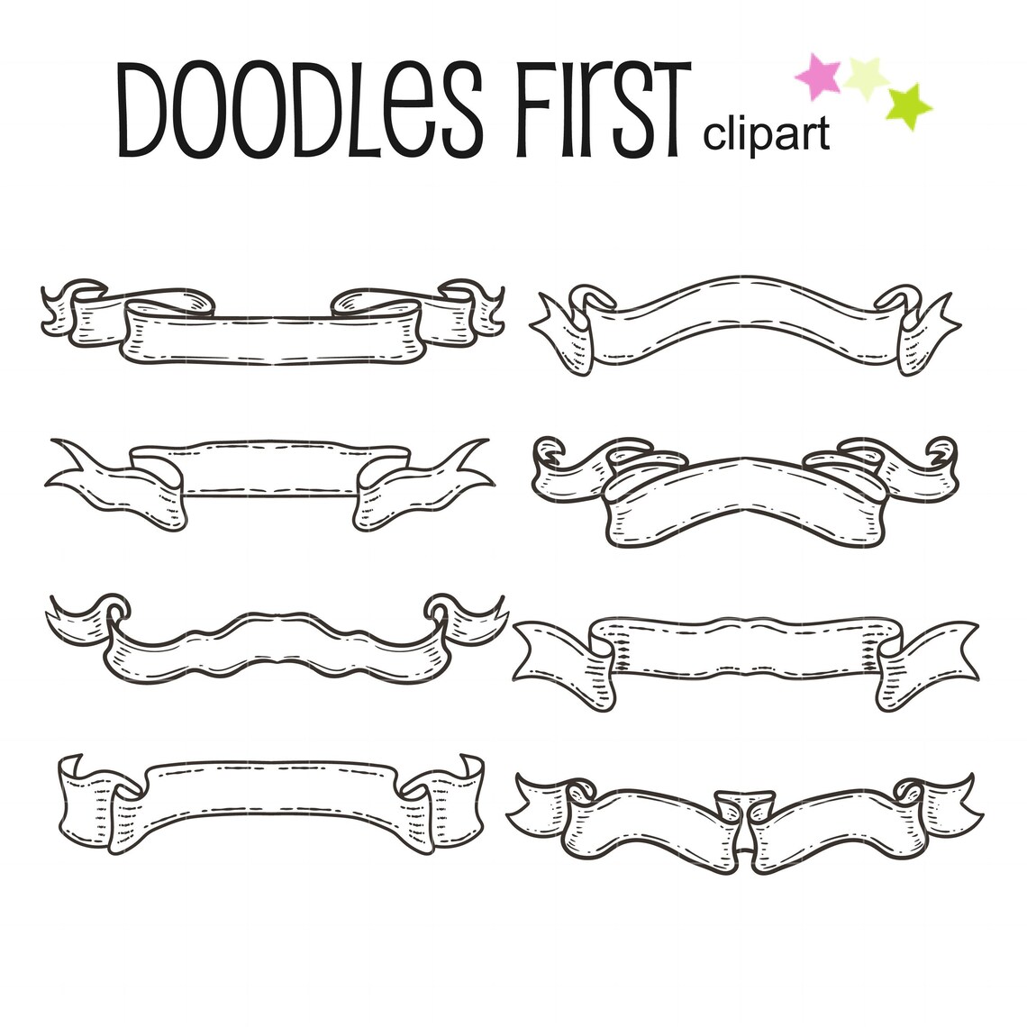 Ribbon Banner Outline Drawing Digital Clip Art for Etsy