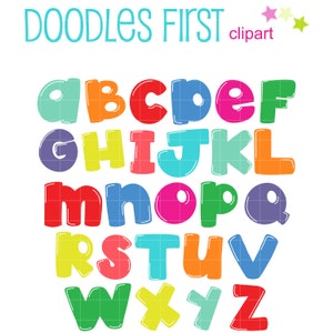 May include: Colorful alphabet letters in a bubble font style. Each letter is outlined in black and filled with a different bright color. The letters are arranged in alphabetical order.