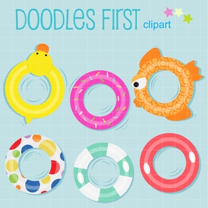 May include: Six colorful inflatable pool floats, including a yellow duck, a pink donut, an orange fish, a red and white striped float, a blue and white striped float, and a multi-colored polka dot float.  The text "DOODLES FIRST clipart" is at the top of the image.