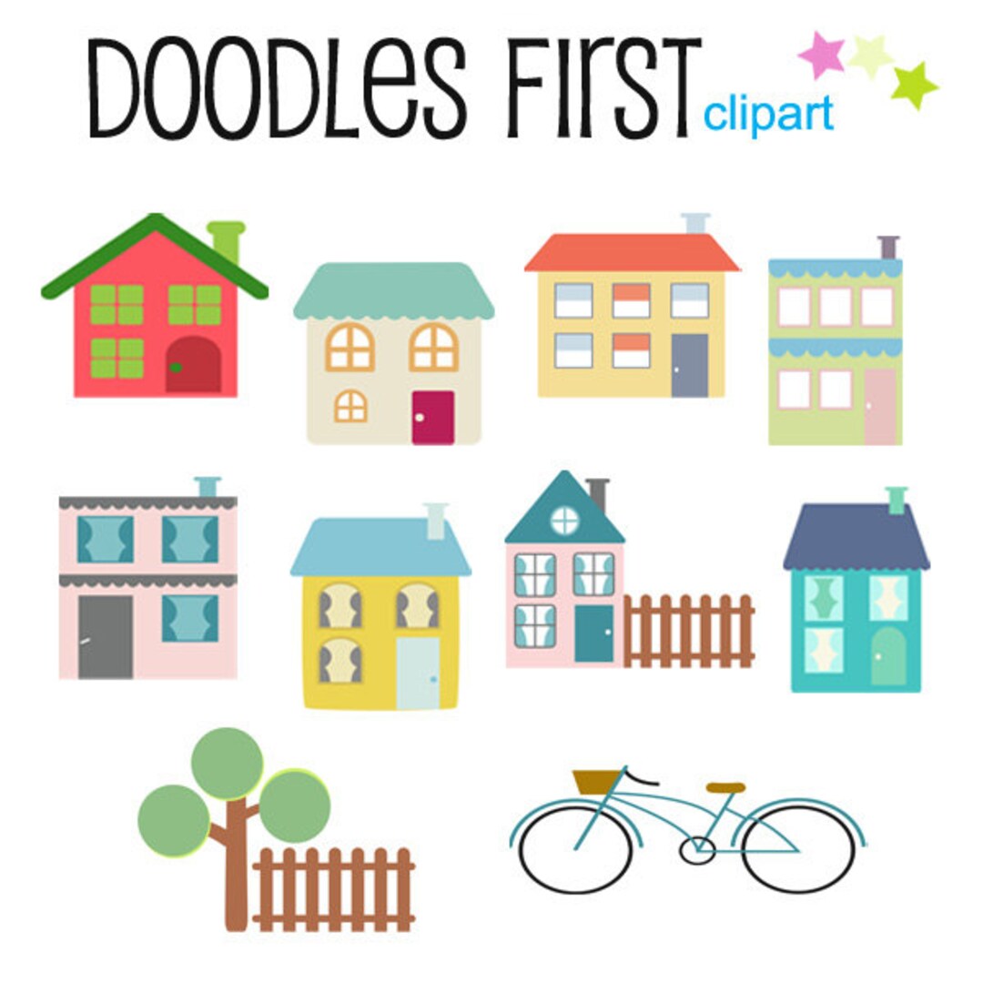 Neighborhood Clipart Set: Houses, Bike, Fence (digital Clip Art) - Etsy