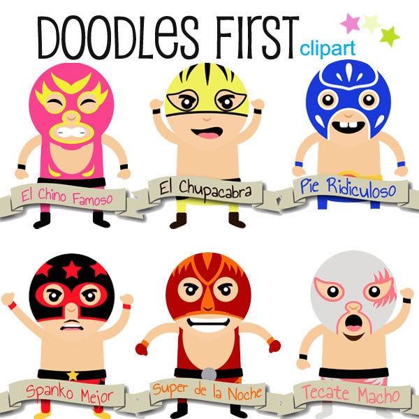 Lucha Libra Wrestlers with Fun Banner Names Digital Clip Art for Scrapbooking Card Making Cupcake Toppers Paper Crafts
