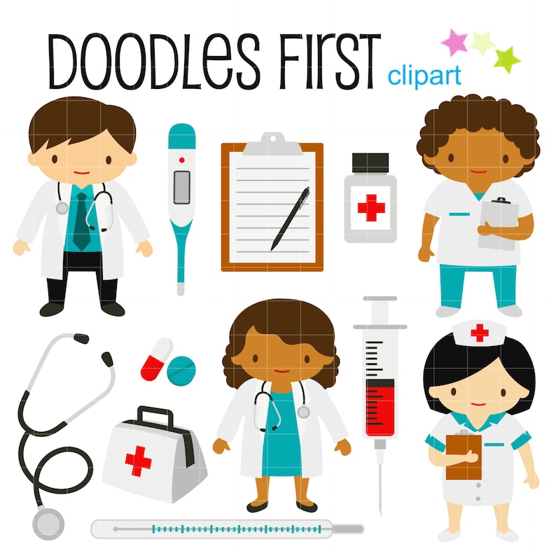 Pu&ograve; includere: Un set di illustrazioni di cartoni animati colorati di medici e infermieri, tra cui uno stetoscopio, un termometro, una siringa, una bottiglia di medicina, una cartellina e un kit di pronto soccorso. Il testo "DOODLES FIRST clipart" &egrave; in cima all'immagine.