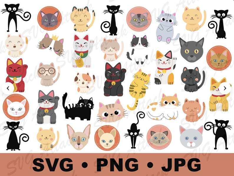 Cute Cat Clipart Bundle PNG SVG JPG, Kawaii Kittens Graphics, Cat Lover ...