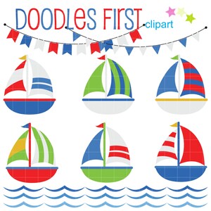 Barche a vela, striscioni e onde Clip art digitale per scrapbooking, creazione di biglietti, decorazioni per cupcake, artigianato di carta