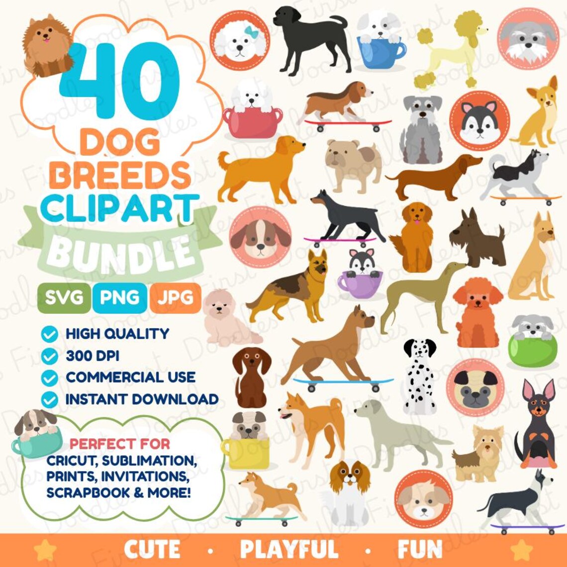 Dog Breeds Clipart Bundle PNG SVG JPG, 40 Cute Dog Graphics, Pet Breed ...