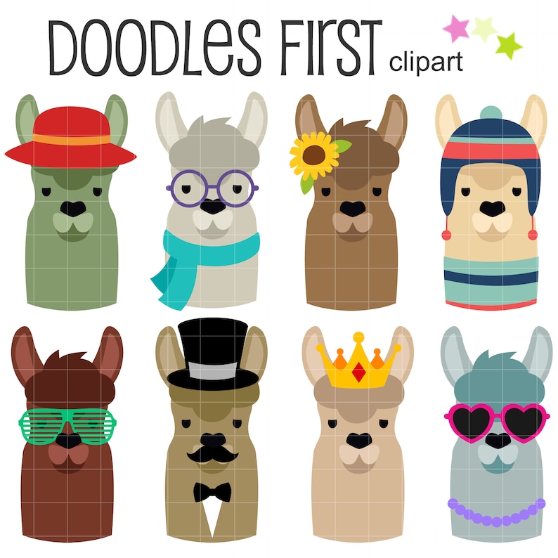 May include: Set of eight llama illustrations with different accessories. The llamas are wearing a hat, glasses, a flower crown, a beanie, a top hat, a crown, sunglasses, and a necklace. The illustrations are in a cartoon style and are perfect for use in digital or printed projects.