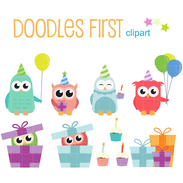 Birthday Party Owls Digital Clipart for Scrapbooking, Cricut Cut Files, Sublimation, Card Making, Crafters, Paper Crafts, SVG, PNG, jpg