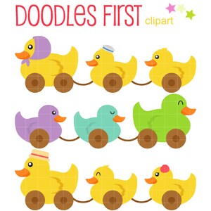 May include: A set of nine cartoon rubber duck illustrations. The ducks are in a train formation with wheels and a rope connecting them. The ducks are yellow, green, purple, and blue. The text "DOODLES FIRST clipart" is at the top of the image.