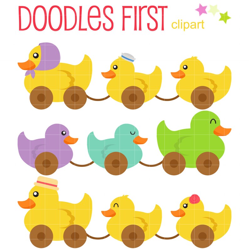 May include: A set of nine cartoon rubber duck illustrations. The ducks are in a train formation with wheels and a rope connecting them. The ducks are yellow, green, purple, and blue. The text "DOODLES FIRST clipart" is at the top of the image.