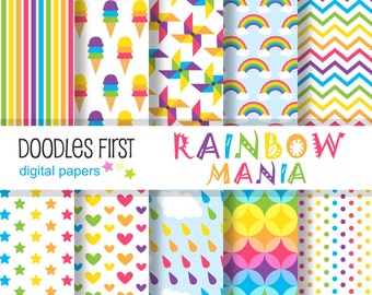 Rainbow Mania Digital Paper Pack Includes 10 for Scrapbooking Paper Crafts