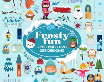 Paquete de imágenes prediseñadas de invierno, 205 diseños invernales, imágenes prediseñadas de invierno, muñecos de nieve, animales, copos de nieve, JPG PNG SVG, descarga instantánea