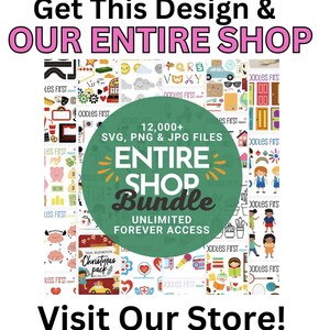 May include: A green circle with the text "Entire Shop Bundle" and "12,000+ SVG, PNG & JPG Files" in white. The circle is surrounded by a collage of colorful images, including cartoon characters, holiday-themed graphics, and the text "Oodles First".