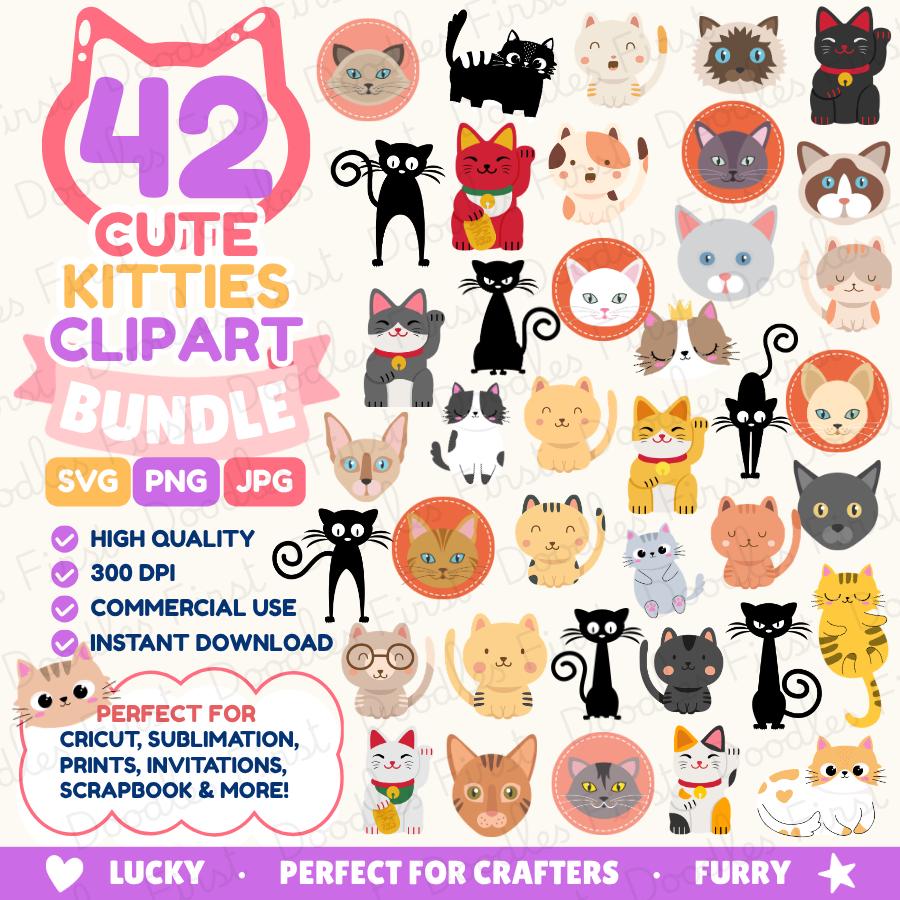 Cute Cat Clipart Bundle PNG SVG JPG, Kawaii Kittens Graphics, Cat Lover ...