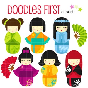 Schattige Kokeshi Dolls digitale illustraties voor scrapbooking, Cricut Cut-bestanden, sublimatie, kaart- en stickermaken, papierambachten, SVG, PNG, jpg