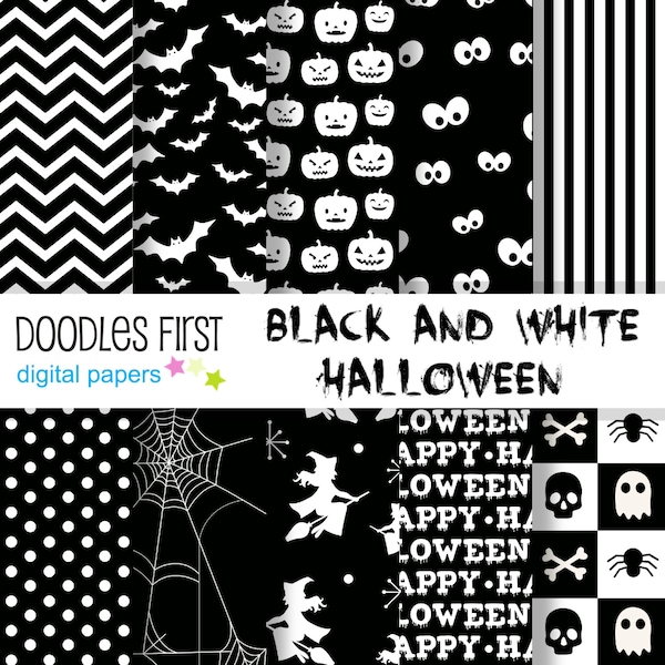 Balck and White Halloween Digital Paper Pack Includes 10 for Scrapbooking Paper Crafts