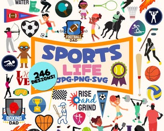 Paquete de imágenes prediseñadas de deportes y vida, 246 diseños PNG de deportes, imágenes prediseñadas atléticas, gráficos de fitness y juegos, diseños para sublimación, descarga digital.