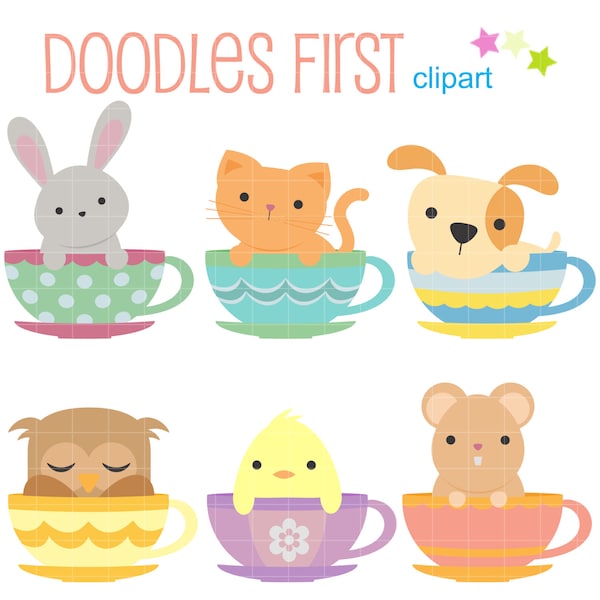 愛らしいティーカップの動物たちのデジタルクリップアート。スクラップブッキング、カード作り、カップケーキのトッパー、ペーパークラフトに。